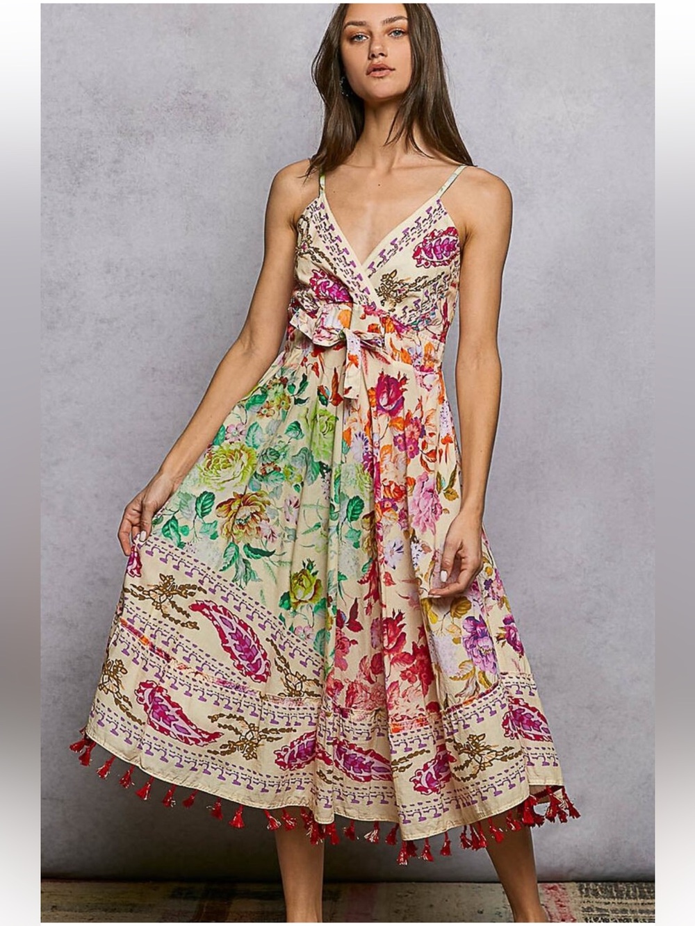 New: POL Boho Beaded Mixed Print Tie Waist Tassel Hemline Maxi Dress• Small
